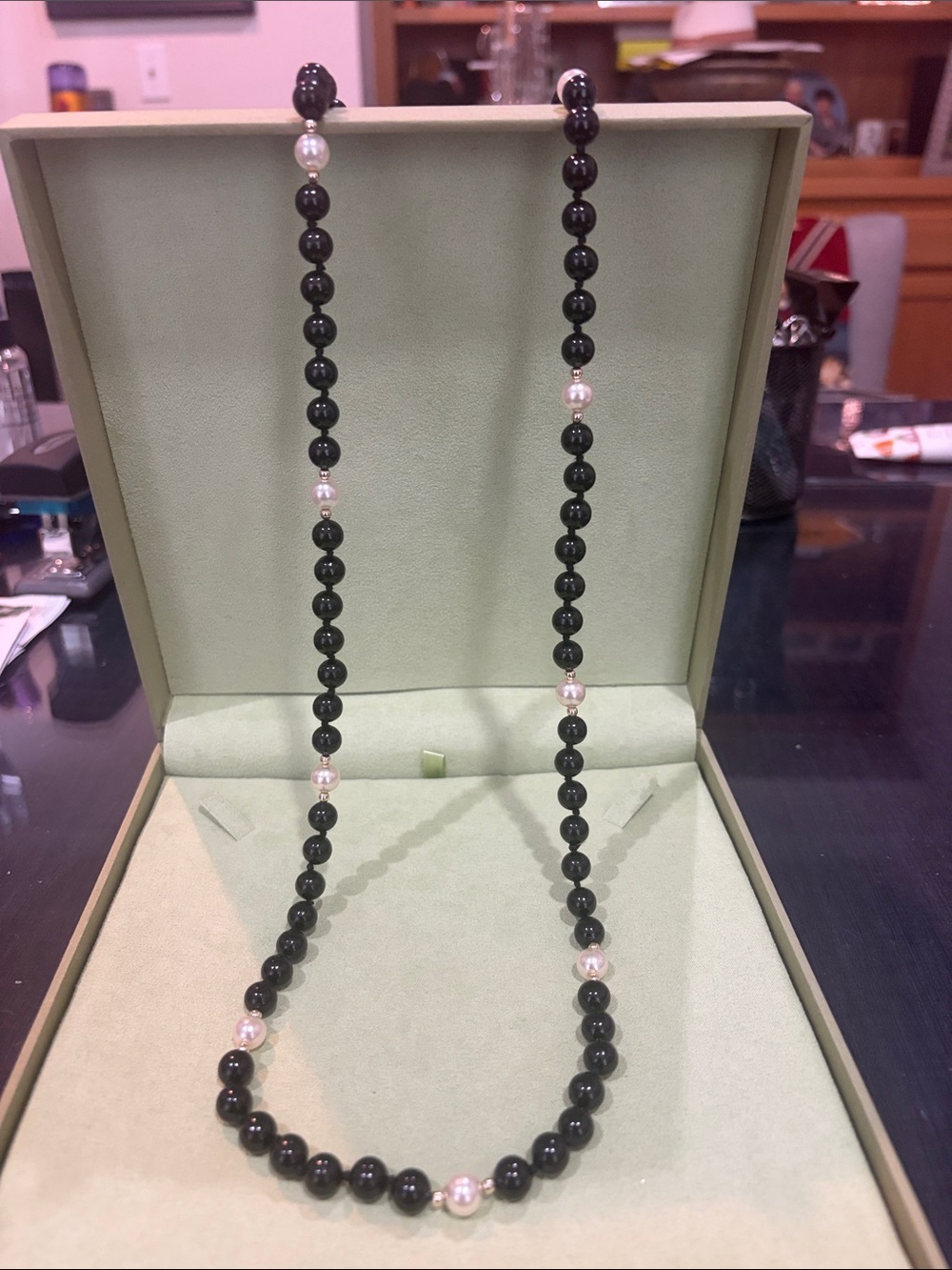 Black Bead Necklace with White Accent Beads